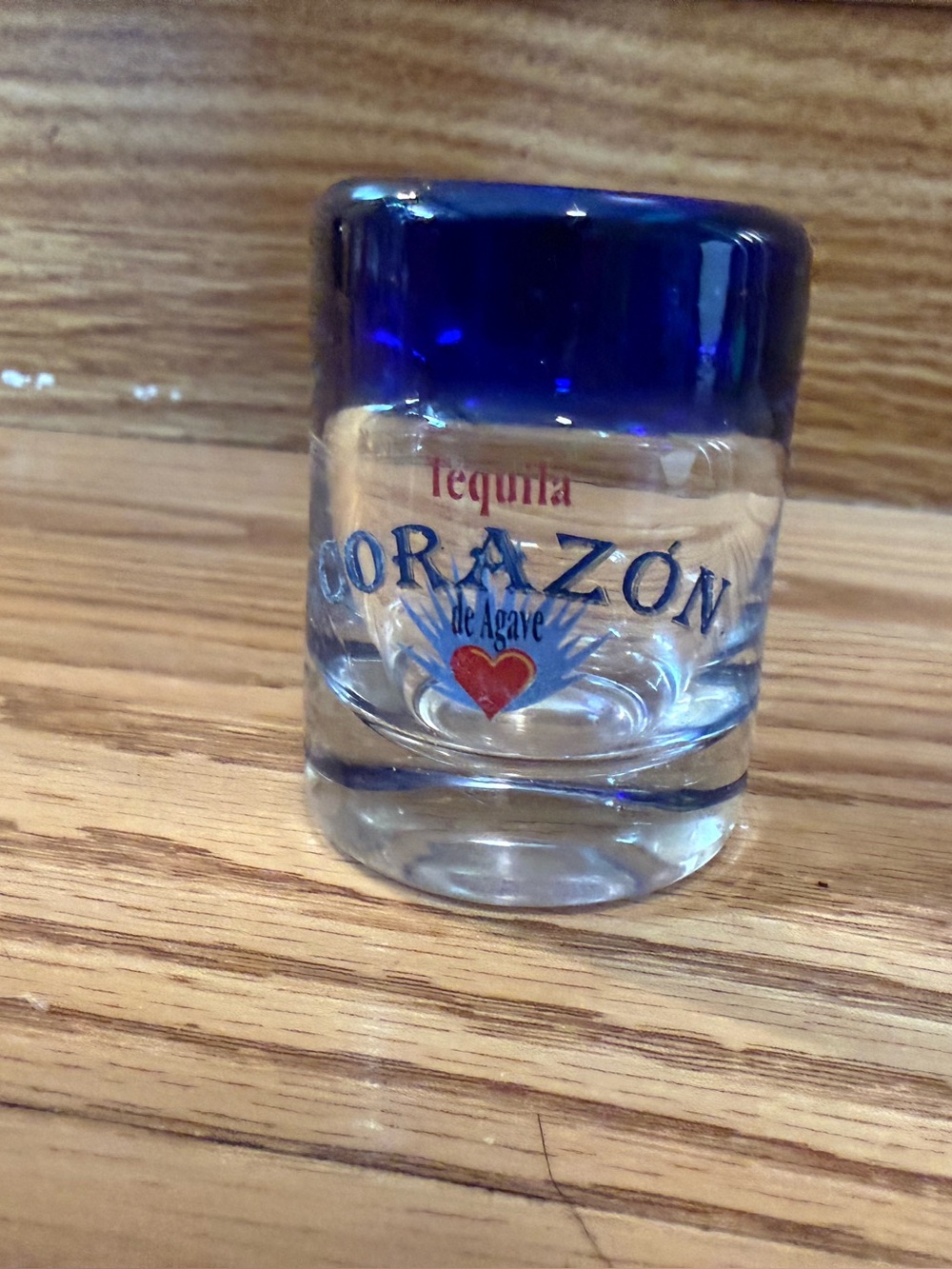 Vintage Corazón de Agave tequila shot glass featuring clear hand-blown glass